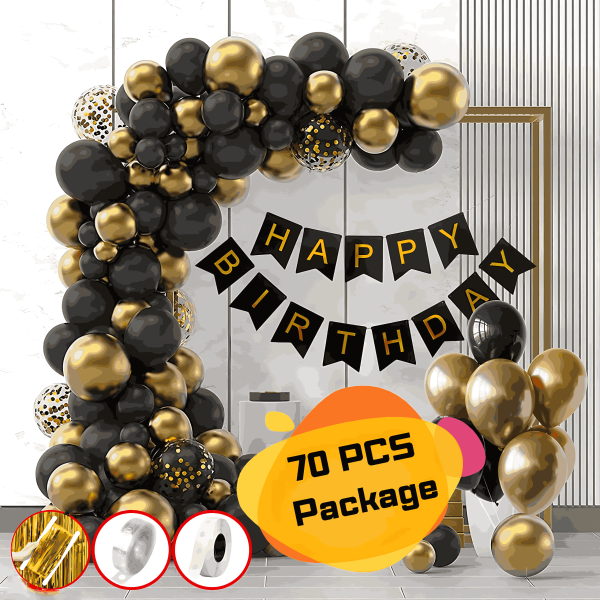 Birthday Decoration Combo Pack- Black Paper Birthday Banners, Golden Foil Curtains, Golden & Black Metallic Balloons, Golden Confetti Balloons and Balloon Garland Arch With Glue Dot Tape Decorations Full Package- (Pack of 70 Pcs)