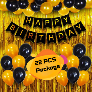 Birthday Party Decoration Golden & Black Combo Pack - Happy Birthday Black Paper Banner, Golden Foil Curtains, Metallic Balloons (Golden & Black) Decorations Set full Package- (Pack of 22 Pcs)