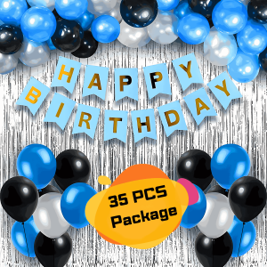 Blue And Silver Happy Birthday Decoration Combo Pack – With Light Blue Paper Birthday Banner, Silver Foil Backdrop Curtain, Blue, Black & Silver Metallic Balloons Decoration Set Full Package- (Pack of 35 Pcs)