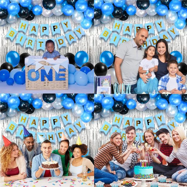 Happy Birthday Decoration Combo Pack- Blue Paper Birthday Banner, Silver Foil Backdrop Curtain, Blue, Black & Silver Metallic Balloons Decoration Full Package- (Pack of 22 Pcs)