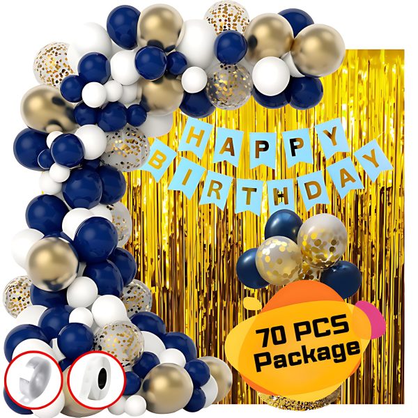 Birthday Decoration Combo Pack With Light Blue Birthday Banners, Golden Foil Curtains, Golden, White & Deep Blue Metallic Balloons, Golden Confetti Balloons and Balloon Garland Arch With Glue Dot Tape Decorations Kit Full Package- (Pack of 70 Pcs)