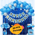 Blue, White & Silver Happy Birthday Decoration Combo Pack – Blue Backdrop Foil Curtain, Light Blue Paper Birthday Banner With Metallic Balloons (Blue, Silver & White) Decorations Set Full Package- (Pack of 33 Pcs)