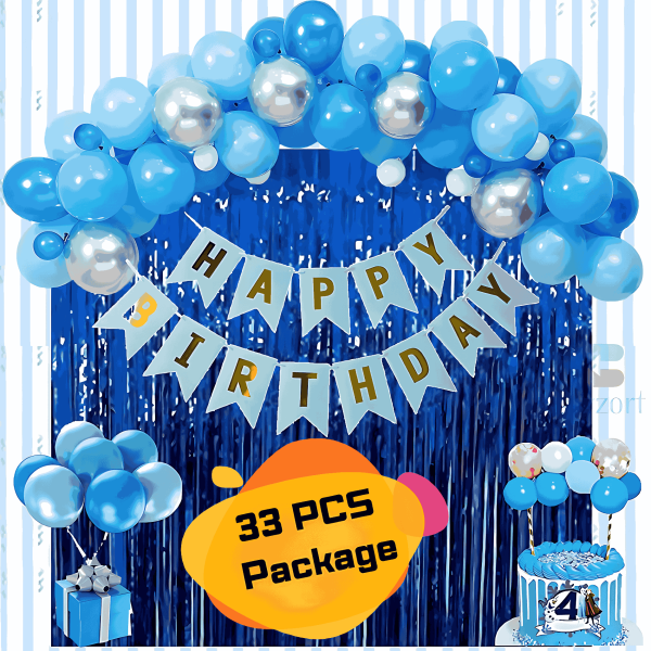 Blue, White & Silver Happy Birthday Decoration Combo Pack – Blue Backdrop Foil Curtain, Light Blue Paper Birthday Banner With Metallic Balloons (Blue, Silver & White) Decorations Set Full Package- (Pack of 33 Pcs)