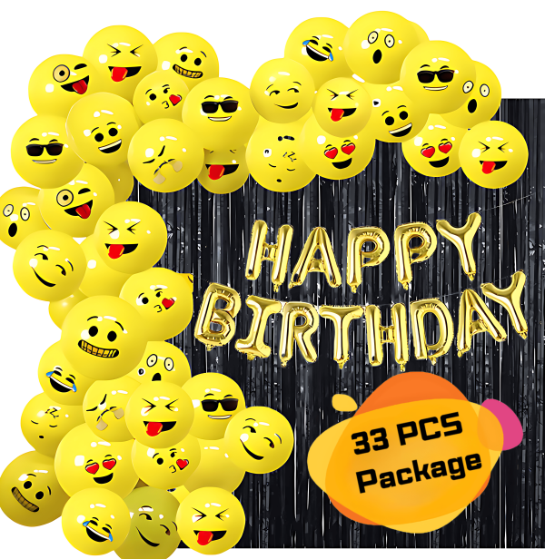 Emoji Theme Birthday Decoration Combo Set - With Birthday Banner, Emoji Balloons, Black Foil Curtain, for Kids, Boys, Girls, Mens Birthday Party Decoration Set Full Package- (Pack of 33 Pcs)