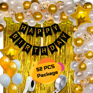 Birthday Decoration Combo Pack- Black Paper Birthday Banners, Golden Foil Curtains, Golden Confetti Balloons, Metallic Balloons With Balloon Garland Arch Strips & Glue Dot Tape Decorations Full Package- (Pack of 52 Pcs)