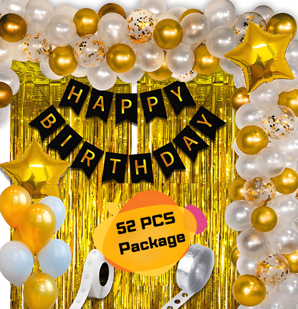 Birthday Decoration Combo Pack- Black Paper Birthday Banners, Golden Foil Curtains, Golden Confetti Balloons, Metallic Balloons With Balloon Garland Arch Strips & Glue Dot Tape Decorations Full Package- (Pack of 52 Pcs)