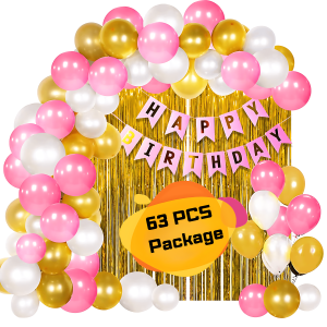 Happy Birthday Decorations Pink & Golden Combo Set For Girls And Women - Pink, White And Golden Metallic Balloons, Birthday Pink color Paper Banner, Golden Foil Curtain for Party Decoration Full Package Princess Theme - (Pack of 63 Pcs)