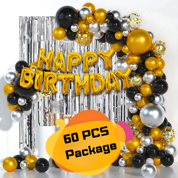 Birthday Decoration Combo Pack – Golden Foil Birthday Banners, Silver Foil Curtain, Golden Confetti Balloons, Metallic Balloons With Balloon Garland Arch Strips & Glue Dot Tape Decorations Full Package- (Pack of 60 Pcs)