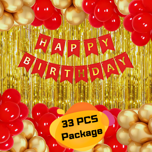 Birthday Decoration Combo Pack Red Theme With Red Banners, Golden Foil Curtains, Golden & Red Metallic Balloon Decorations Full Package- (Pack of 33 Pcs)