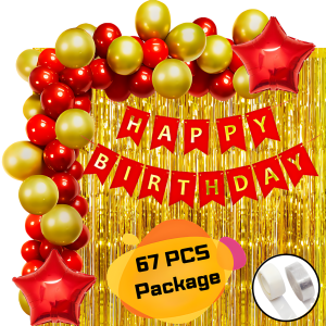 Birthday Decoration Combo Pack With Banners, Backdrop Curtains, Metallic Balloons, Star Balloons and Balloon Arch With Glue Dot Tape Decorations Full Package- (Pack of 67 Pcs)