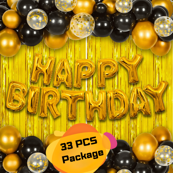 Happy Birthday Decoration Golden Combo Pack – Golden Foil Birthday Banner, Golden Backdrop Foil Curtains, Metallic Balloons (Golden & Black) Birthday Decoration Set Full Package – (Pack of 33 Pcs)