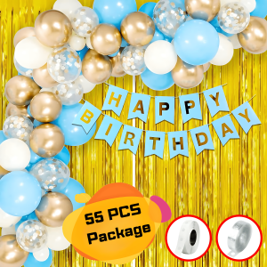 Birthday Decoration Combo Pack–Blue Paper Birthday Banners, Golden Foil Curtains, Golden Confetti Balloons, Metallic Balloons With Balloons Garland Arch Strips And Glue Dot Tape Decorations Full Package- (Pack of 55 Pcs)