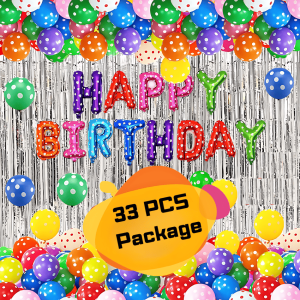 Happy Birthday Decoration Combo Pack (Multicolor) - Silver Curtains Backdrop, Multicolor Polka Dot Balloons With Multicolor Happy Birthday Foil Banner Decoration Set Full Package- (Pack of 33 Pcs)