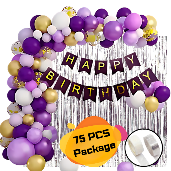 Birthday Decoration Combo Pack With Banners, Curtains, Metallic Balloons, Confetti Balloons and Balloon Garland Arch With Glue Dot Tape Decorations Kit Full Package- (Pack of 75 Pcs)