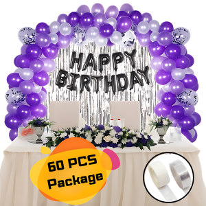 Birthday Decoration Purple Combo Pack With Foil Banners, Silver Curtains, Metallic Balloons, Confetti Balloons and Balloon Arch With Glue Dot Tape Decorations Full Package- (Pack of 60 Pcs)