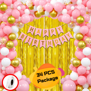 Happy Birthday Decorations Pink Combo Set– Pink, Golden And White Metallic Balloons, Birthday Pink Paper Banner, Golden Foil Curtain With Glue Dot Roll for Party Decoration Full Package- (Pack of 34 Pcs)