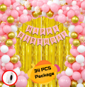 Happy Birthday Decorations Pink Combo Set– Pink, Golden And White Metallic Balloons, Birthday Pink Paper Banner, Golden Foil Curtain With Glue Dot Roll for Party Decoration Full Package- (Pack of 34 Pcs)