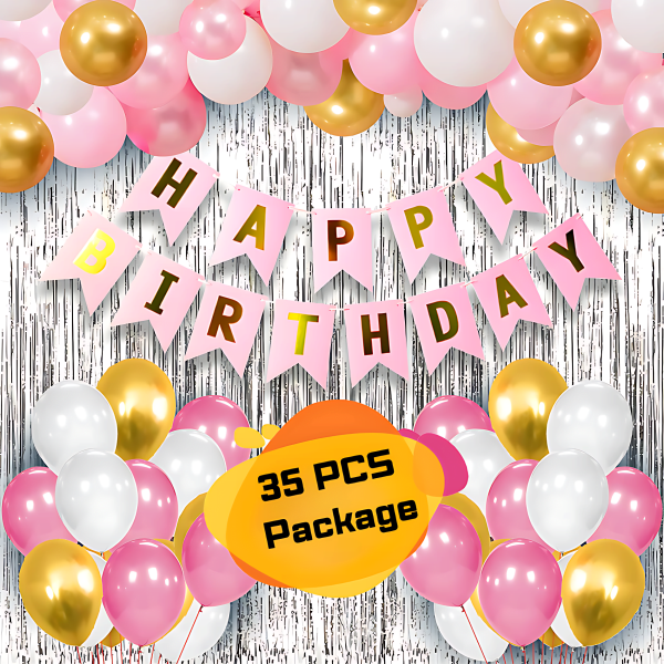 Happy Birthday Decorations Pink Combo Set- Pink, White And Golden Metallic Balloons, Birthday Pink Paper Banner, Silver Foil Curtain for Party Decoration Full Package- (Pack of 35 Pcs)