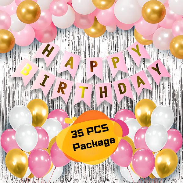 Happy Birthday Decorations Pink Combo Set- Pink, White And Golden Metallic Balloons, Birthday Pink Paper Banner, Silver Foil Curtain for Party Decoration Full Package- (Pack of 35 Pcs)