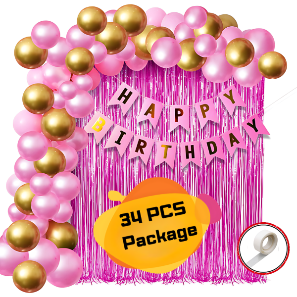 Happy Birthday Decorations Pink Combo Set- Pink And Golden Metallic Balloons, Birthday Pink Paper Banner, Pink Foil Curtain With Glue Dot Roll for Party Decoration Full Package- (Pack of 34 Pcs)