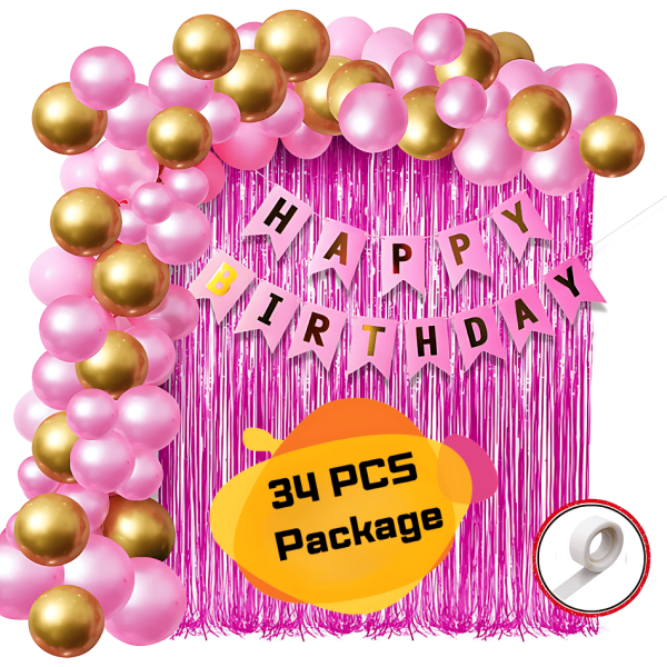 Happy Birthday Decorations Pink Combo Set- Pink And Golden Metallic Balloons, Birthday Pink Paper Banner, Pink Foil Curtain With Glue Dot Roll for Party Decoration Full Package- (Pack of 34 Pcs)