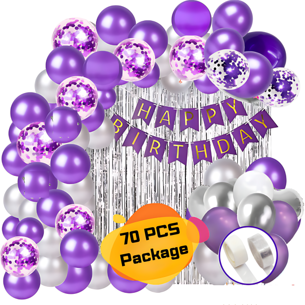 Purple Birthday Decoration Combo Pack With Banners, Curtains, Balloons, Confetti Balloons and Balloon Arch With Glue Dot Tape Decorations Full Package- (Pack of 70 Pcs)