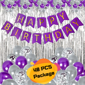 Purple Color Birthday Decoration Combo Pack With Birthday Banners, Silver Foil Curtains, Metallic Balloons, Blue Confetti and Balloon Garland Arch Decorations Kit Full Package- (Pack of 48 Pcs)