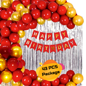 Birthday Decoration Combo Pack With Red Birthday Banners, Silver Foil Curtains, Golden & Red Metallic Balloons Full Package- (Pack of 43 Pcs)