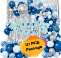 Birthday Decoration Combo Set - With Backdrop Silver Foil Curtain, Blue Paper Birthday Banner With Metallic Balloons, Golden Confetti Balloons And Balloon Garland Arch Strips Full Package- (Pack of 47 Pcs)