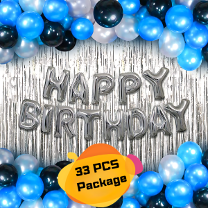 Happy Birthday Decorations Silver Combo Set- Black And Silver Metallic Balloons, Birthday Silver Foil Banner Balloons, Silver Foil Curtain for Party Decoration Full Package- (Pack of 33 Pcs)