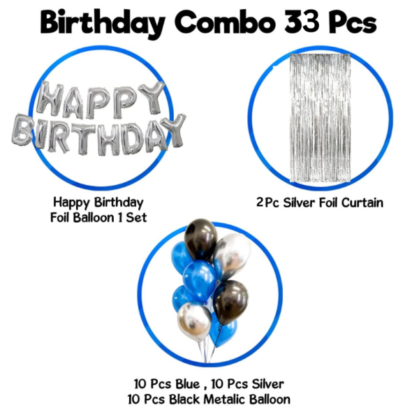 Happy Birthday Decorations Silver Combo Set- Black And Silver Metallic Balloons, Birthday Silver Foil Banner Balloons, Silver Foil Curtain for Party Decoration Full Package- (Pack of 33 Pcs)
