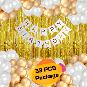 Birthday Decoration Combo Pack With White Banners, Golden Foil Curtains, Golden & White Metallic Balloon Decorations Full Package- (Pack of 33 Pcs)