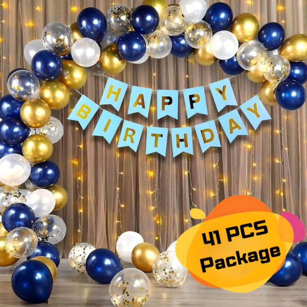 Blue Birthday Decoration Combo Pack With Birthday Banners, Net Curtain, HQ Balloons, Confetti Balloons and Fairy Light Decorations Kit Full Package- (Pack of 41 Pcs)