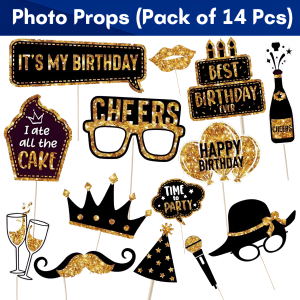 Birthday Photo Props - Black & Golden Color Combination for Photo Booth - Ideal for Party Photo-shoots - (Pack of 14 Pcs)