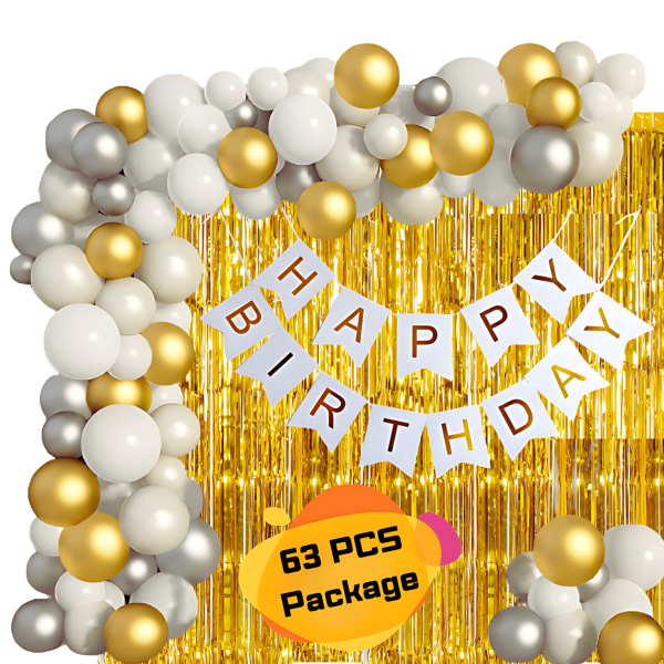 Birthday Decoration White Color Combo Pack With Birthday Banners, Golden Foil Curtains, Metallic Balloons Full Package- (Pack of 63 Pcs)