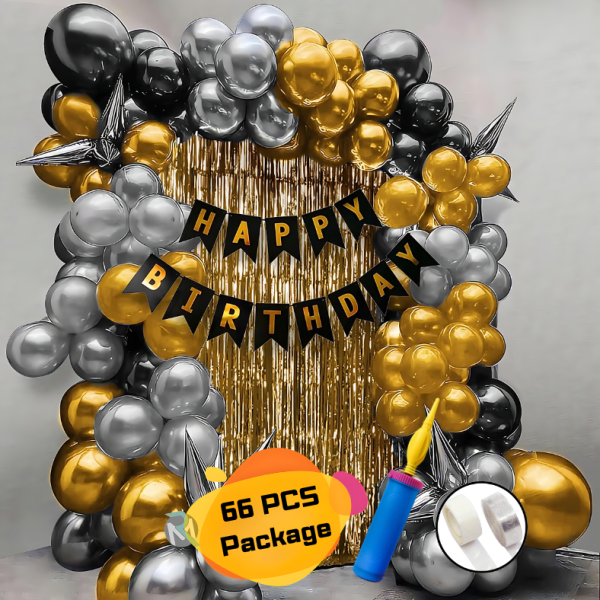 HQ Birthday Decoration Combo Pack With Banners, Backdrop Curtains, HQ Metallic Balloons, Pumper, Balloon Arch With Glue Dot Tape Decorations Full Package- (Pack of 66 Pcs)