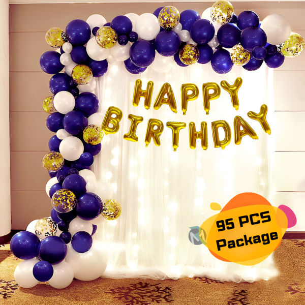 Blue Theme Birthday Decoration Combo Pack With Banner, Net Curtain, Balloons, Confetti Balloons, Balloons Arc and Both Side Tape Full Package- (Pack of 95 Pcs)