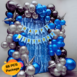 HQ Blue Birthday Decoration Combo Pack With Banners, Backdrop Curtains, HQ Metallic Balloons, Pumper, Balloon Arch With Glue Dot Tape Decorations Full Package- (Pack of 66 Pcs)