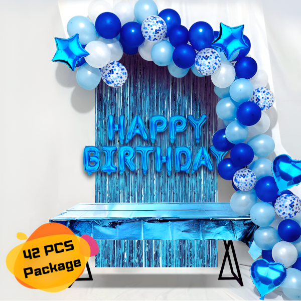 Birthday Decoration Combo Pack Blue Theme- Foil Banner, Backdrop Curtains, Metallic Balloons, Confetti, Star & Love Foil Balloon- (Pack of 42 Pcs)