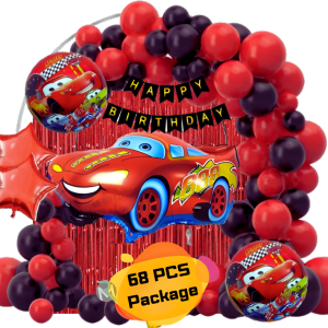 Car Theme Birthday Decoration Combo Pack – With Card Banner, Foil Backdrop Curtain, HQ Multi Color Balloons Full Package- (Pack of 68 Pcs)