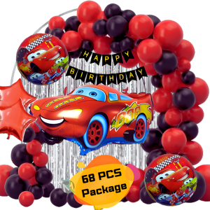 Car Theme Birthday Decoration Combo Pack – With Card Banner, Silver Foil Backdrop Curtain, HQ Multi Color Balloons Full Package- (Pack of 68 Pcs)