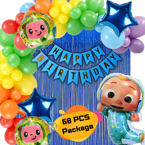 Cocomelon Theme Birthday Decoration Combo Pack – With Card Banner, Foil Backdrop Curtain, HQ Multi Color Balloons Full Package- (Pack of 68 Pcs)