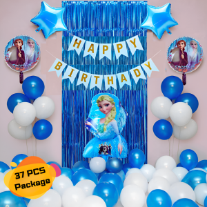 Frozen Theme Birthday Decoration Combo Pack –Card Birthday Banner, Blue Foil Backdrop Curtain, Metallic Balloons Decoration Set Full Package- (Pack of 37 Pcs)