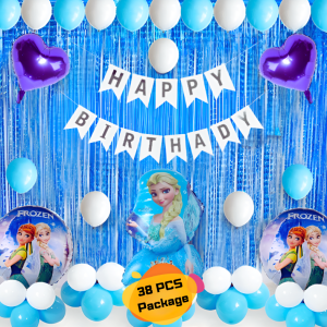 Frozen Theme Birthday Decoration Combo Pack – With White Card Birthday Banner, Blue Foil Backdrop Curtain, Metallic Balloons (Blue & White) Decoration Set Full Package- (Pack of 38 Pcs)