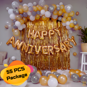 Anniversary Decoration Combo Pack With Banners, Backdrop Curtains, Metallic Balloons, Confetti, Arch & B.Tape Full Package- (Pack of 55 Pcs)