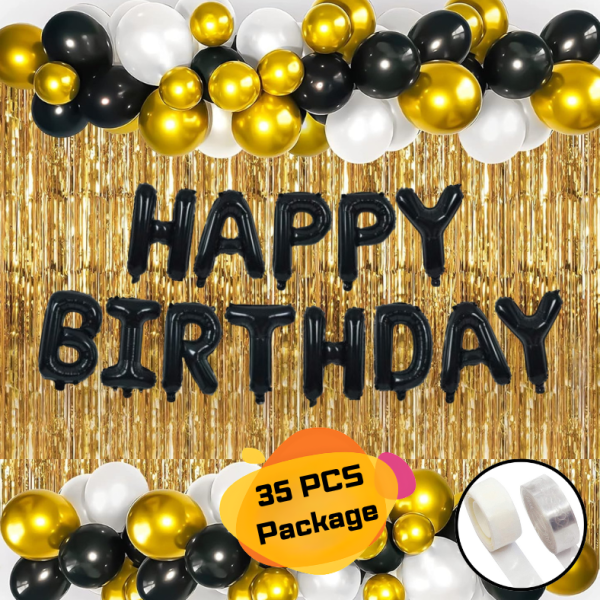 Birthday Golden Black Combo Set– Metallic Balloons, Foil Birthday Banner, Backdrop Curtain, Arch With Both Side Tape for Party Decoration Full Package- (Pack of 35 Pcs)