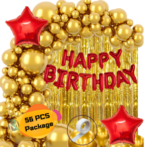 HQ Birthday Decoration Combo Pack With Red Foil Banners, Golden Foil Curtains, Golden HQ Metallic Balloons, Red Star Foil With Glue Dot Tape Decorations Full Package- (Pack of 56 Pcs)