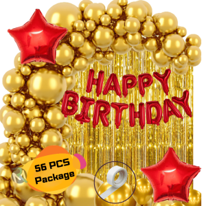 HQ Birthday Decoration Combo Pack With Red Foil Banners, Golden Foil Curtains, Golden HQ Metallic Balloons, Red Star Foil With Glue Dot Tape Decorations Full Package- (Pack of 56 Pcs)
