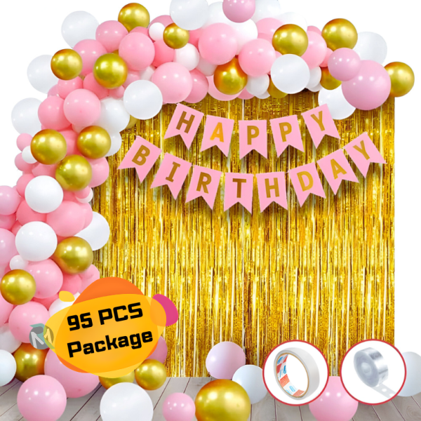 Happy Birthday Pink Theme Combo For Girls And Women- Metallic Balloons, Banner, Curtain, Balloons Arch With Both Side Tape Full Package- (Pack of 95 Pcs)