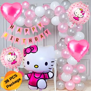 Hello Kitty Theme Birthday Decoration Combo Pack – With Birthday Banner, HQ Balloons, Hello Kitty Foil Balloons Full Package- (Pack of 36 Pcs)